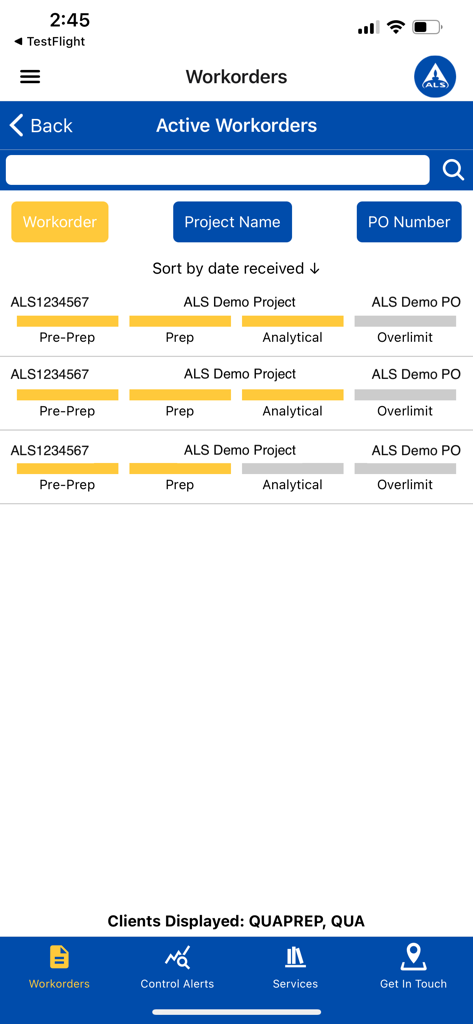 ALS Geochemistry - Dashboard of the ALS Geochemistry app showing the status and progress of active mineral sample work orders