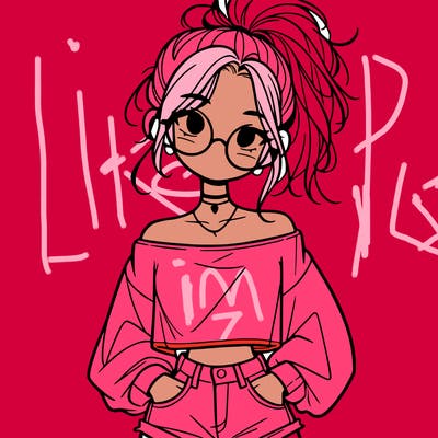 girl with a messy ponytail glasses a baggy crop top and jean shorts