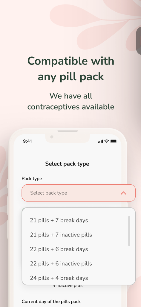 Pill Time : Birth Control - Menu de seleção para diferentes tipos de cartelas de pílulas anticoncepcionais no aplicativo Pill Time