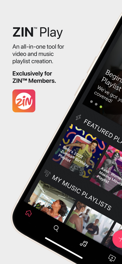 ZIN Play mobile app interface featuring tools for Zumba instructors to manage music and video playlists