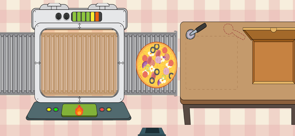 調理シミュレーションゲームのまな板と開いたピザボックスの隣にあるコンベアオーブンから出てきたばかりのピザ。