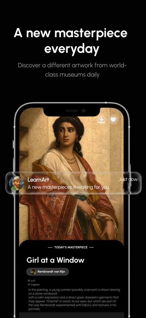 LearnArt - Art app - Un smartphone que muestra una notificación de obra de arte diaria y detalles de la pintura en la aplicación LearnArt