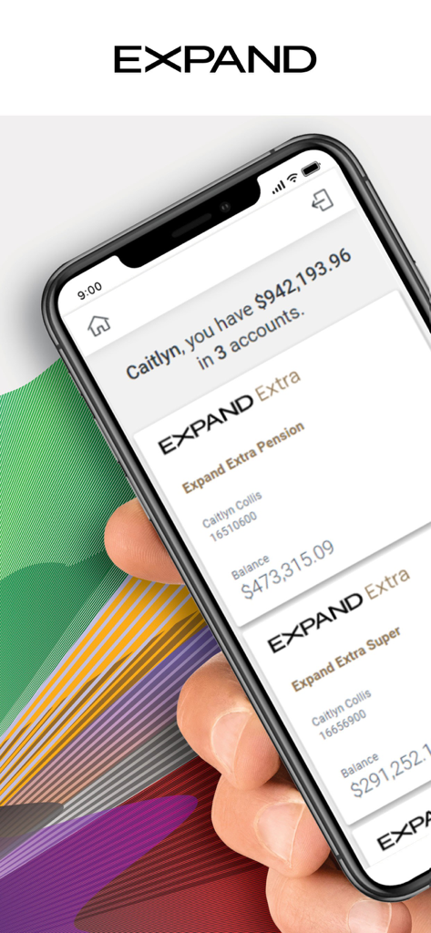 Expand - A hand holding a smartphone showing the Expand app dashboard with a total account balance and specific investment details for pension and superannuation.