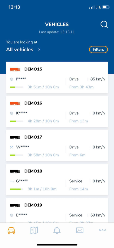 DBK Fleet Management app screen showing vehicle status speed and driving hours