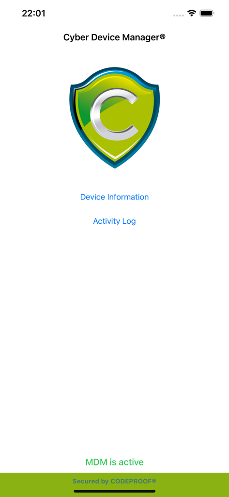 Cyber Device Manager® - Cyber Device Manager app home screen displaying MDM active status and device log menu