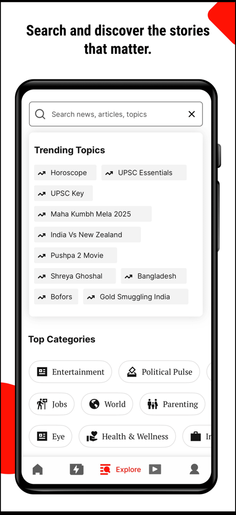 Indian Express News + Epaper - Search and explore interface of the Indian Express news app displaying trending topics and categories.