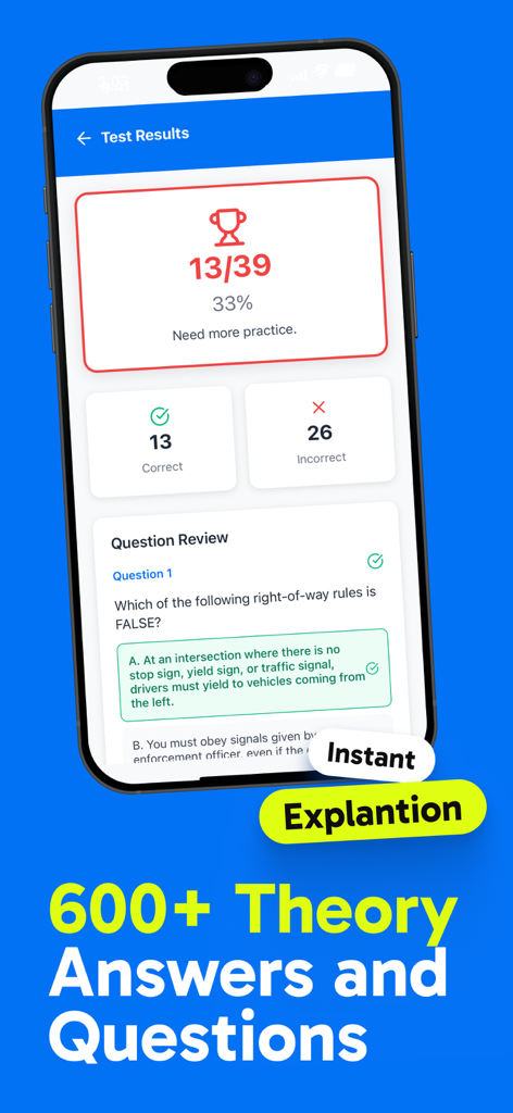 US DMV Test: Driving Practice - A smartphone showing driving test results with 600 theory questions and instant explanations.