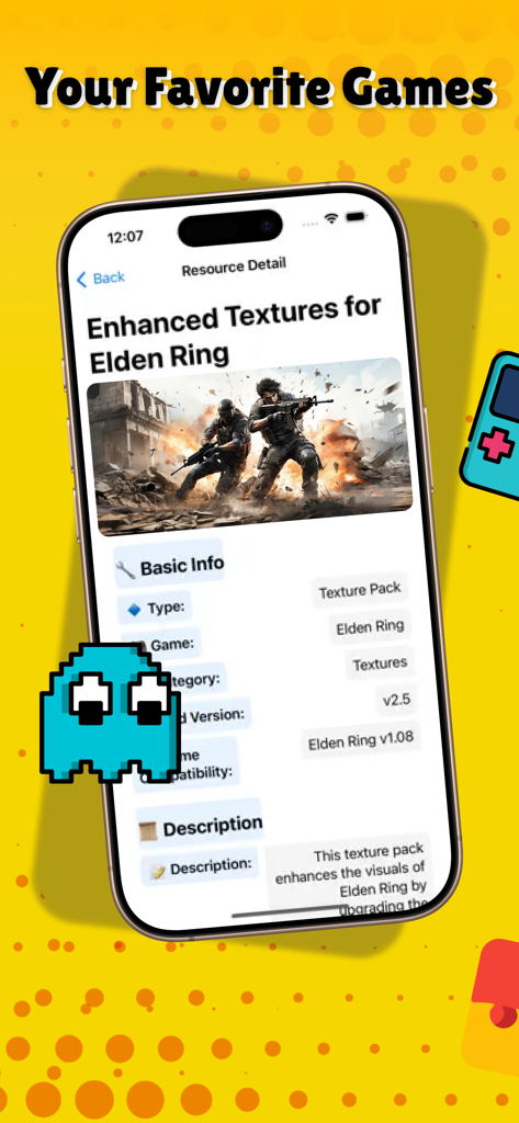 Screenshot of the Hub Game Collection app showing details for an Elden Ring texture pack mod