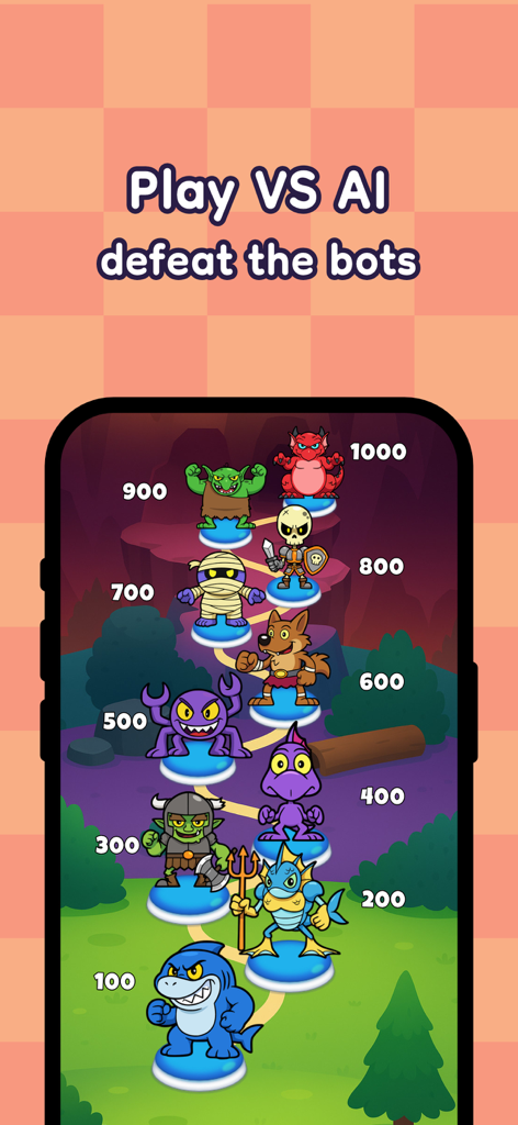 ChessWorld - Chess for Kids - Un mapa de progresión de dibujos animados que muestra bots monstruos con niveles de dificultad para jugar contra la IA en ChessWorld.