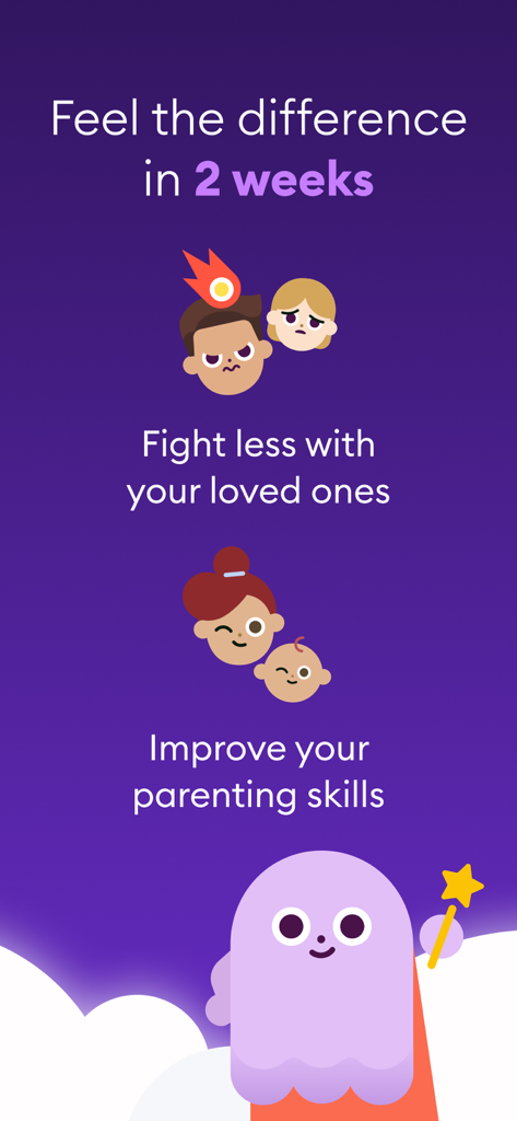 Ahead: Emotional Companion - Marketing screen for Ahead app showing benefits for relationships and parenting with cute character illustrations