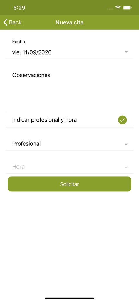 Vevi Clinic - Mobile screen of Vevi Clinic app showing the form to schedule a new dental appointment including date and professional selection