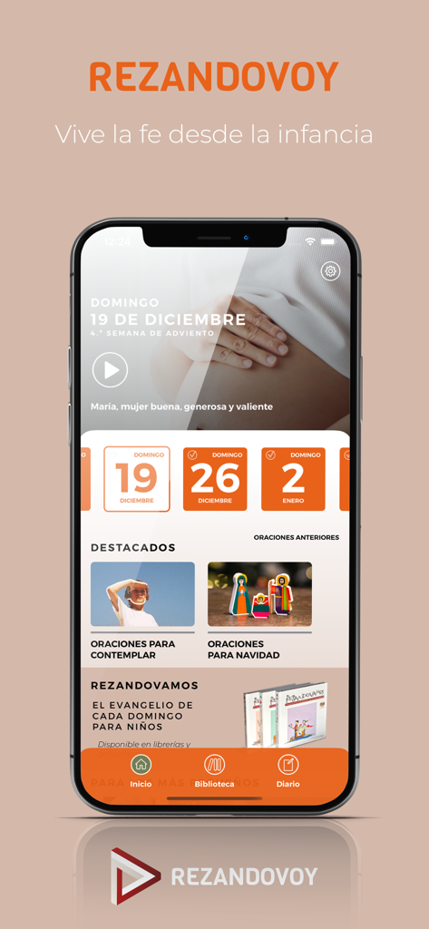 Rezandovoy Infantil - Pantalla de inicio de la aplicación móvil Rezandovoy Infantil que muestra una oración dominical para niños y secciones de contenido destacado y lecturas bíblicas