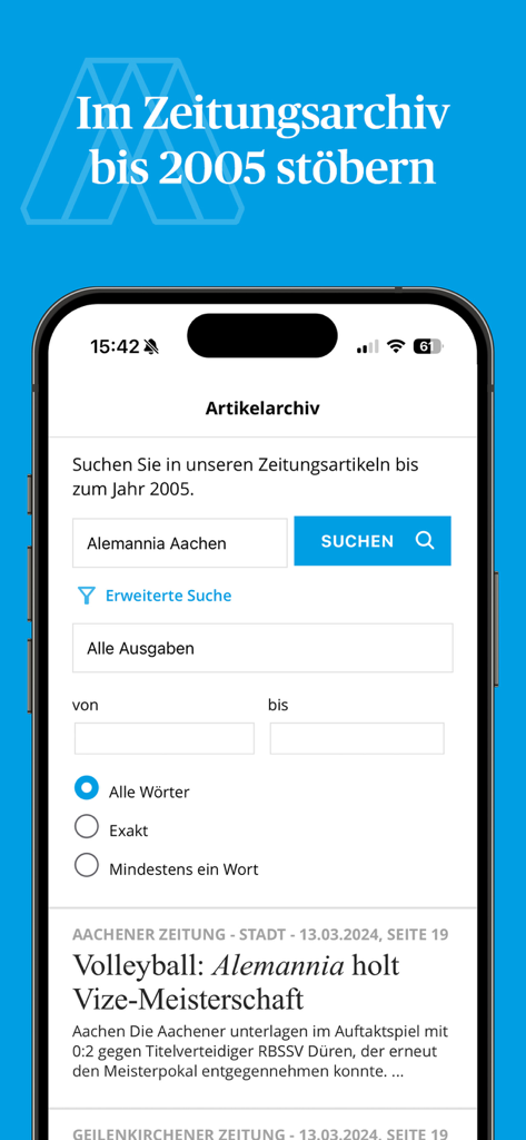 Archiv-Suchbildschirm der Aachener Zeitung E-Paper App für historische lokale Nachrichtenartikel