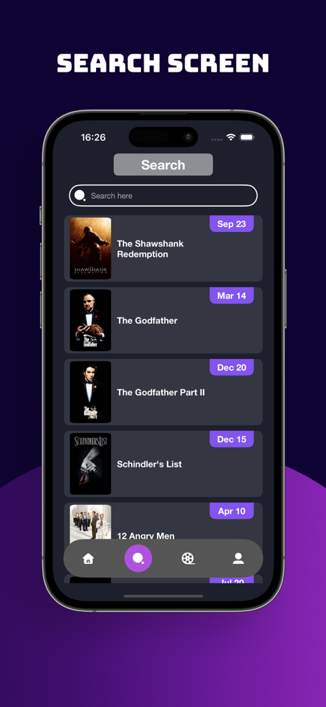MegaFlix: Cinema Finder - MegaFlix app search interface displaying a list of popular movies like The Godfather and Schindlers List.