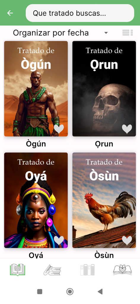 Interface da biblioteca do aplicativo Tratados Ifa Orisha mostrando tratados religiosos digitais para Ogun Orun Oya e Osun