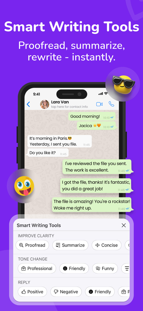 Smartphone-Bildschirm zeigt Translatify KI-Schreibwerkzeuge zur Korrekturlesung und Tonanpassung in Chat-Nachrichten.