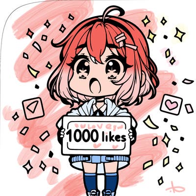 a chibi girl with a shocked expression with a sign that says "1000 likes" with confetti around her