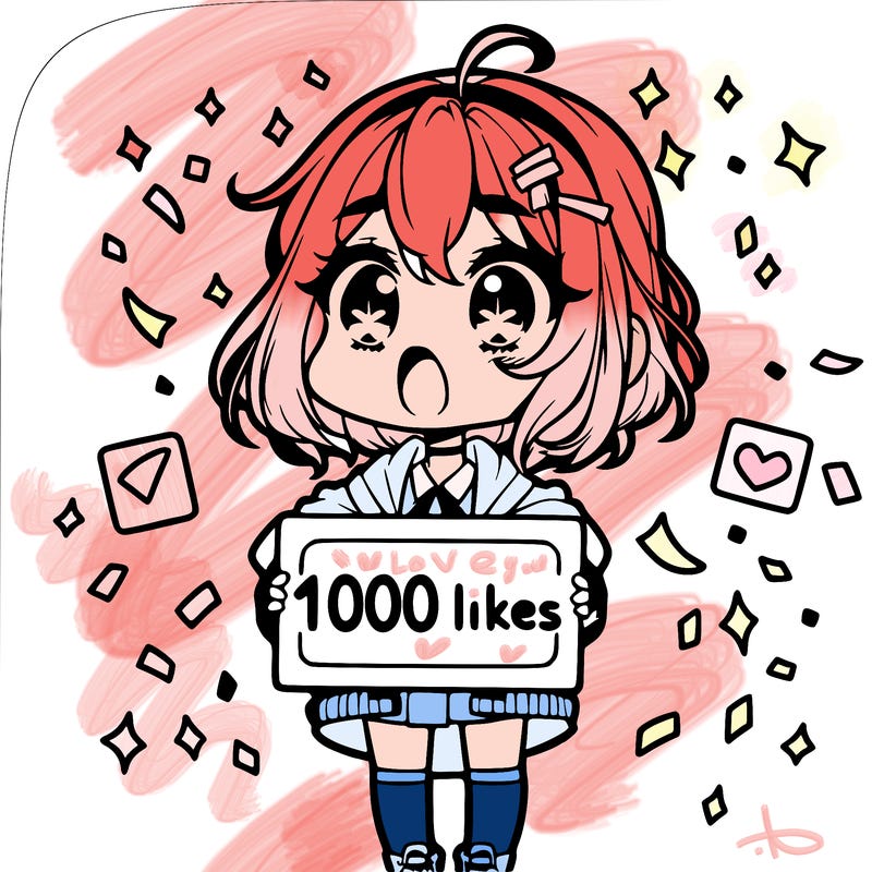 a chibi girl with a shocked expression with a sign that says "1000 likes" with confetti around her