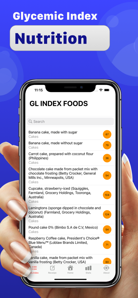 Diabetic carb counter - Mobile app screen showing a list of cakes and their glycemic index values for diabetes management