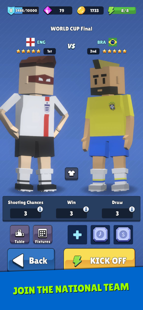 Mini Soccer Star 2025 - Pantalla de configuración de la final de la Copa del Mundo en Mini Soccer Star 2025 con jugadores estilizados de Inglaterra y Brasil.