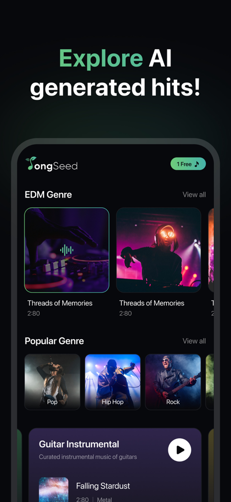 AI Song Creator & Maker - SS9 - Pantalla de la aplicación SongSeed que muestra géneros de música generados por IA
