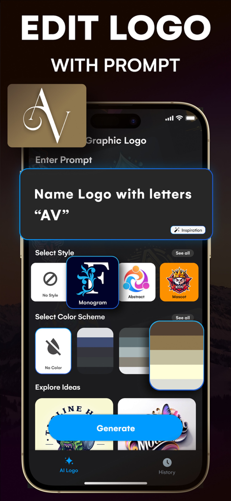 Interface de aplicativo móvel mostrando como gerar um logotipo usando um comando de texto para uma marca de estilo monograma.
