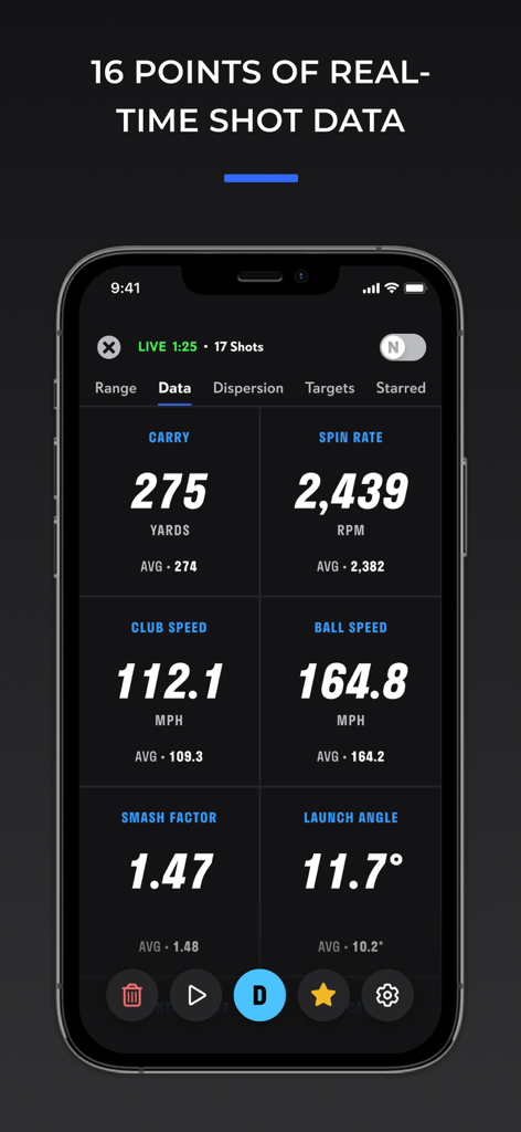 Full Swing - Full Swing App Oberfläche mit Echtzeit-Golfschlag-Kennzahlen, einschließlich Carry-Distanz, Spin-Rate und Ballgeschwindigkeit