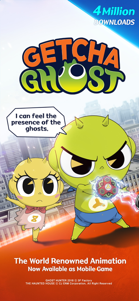 GETCHA GHOST-The Haunted House - Promotional art for GETCHA GHOST The Haunted House mobile game featuring Shinbis House characters and a 4 million downloads milestone
