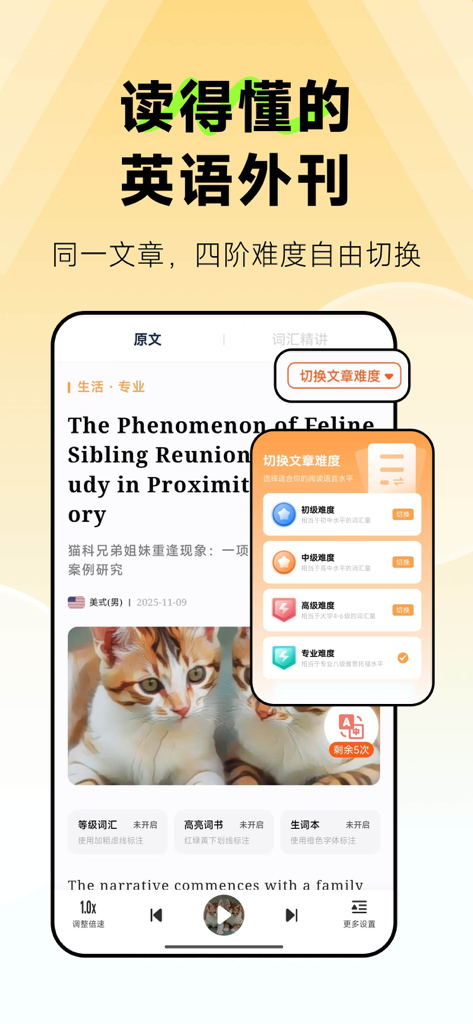 Smartphone screen showing the English graded reading feature with four difficulty levels selectable for a single article.