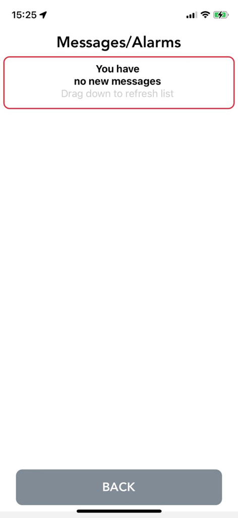 DigitWeb - DigitWeb app interface showing the Messages and Alarms screen with a notification stating no new messages are available.