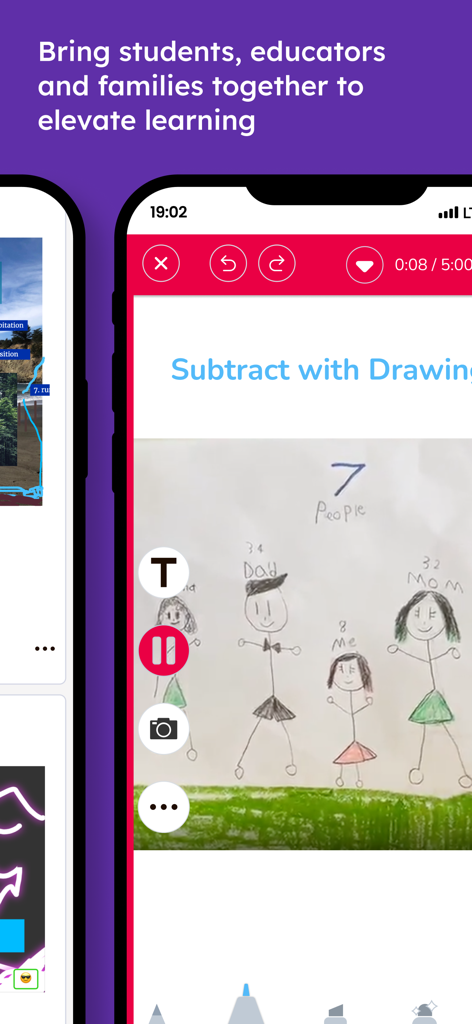 A student drawing of a family on the Seesaw educational app interface for a math activity.