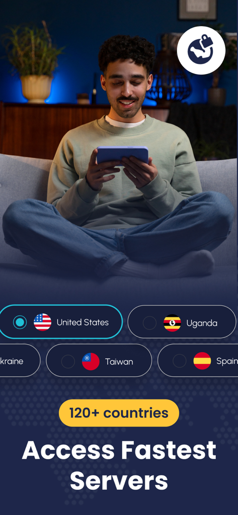 United VPN - Fast & Secure DNS - A person using a smartphone to select from over 120 fast VPN servers across different countries