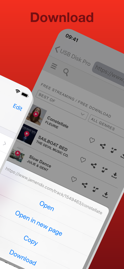 USB Disk Pro - USB Disk Pro app interface showing a music download menu and in app browser for media files