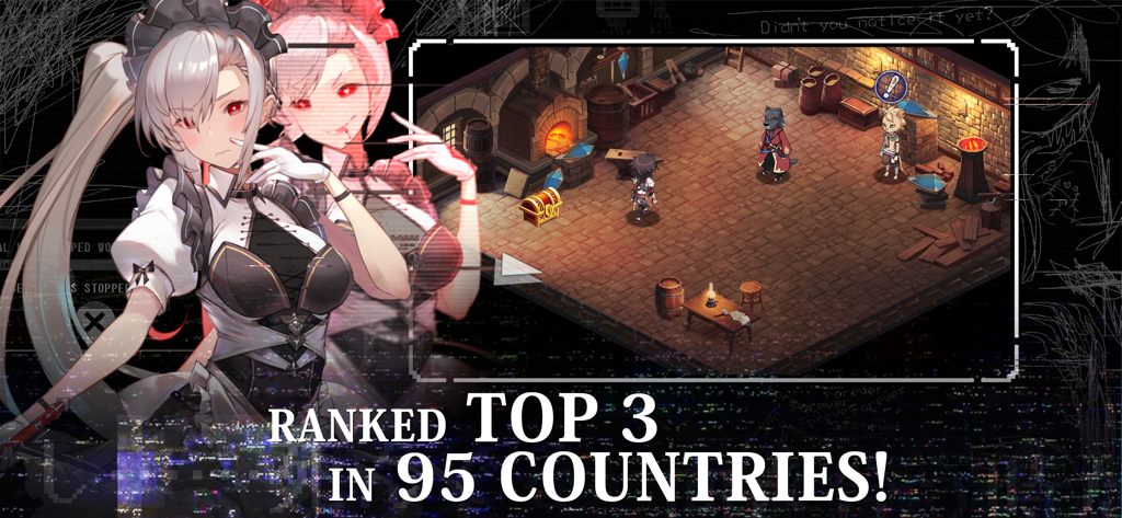 Evertale - Captura de pantalla promocional de Evertale mostrando un personaje de anime y jugabilidad isométrica con un anuncio de clasificación superior.