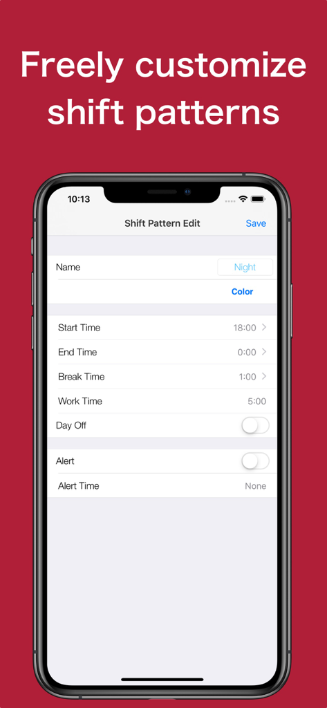 Shift Work Calendar Planner - Interface for customizing shift patterns including settings for start time end time and break duration