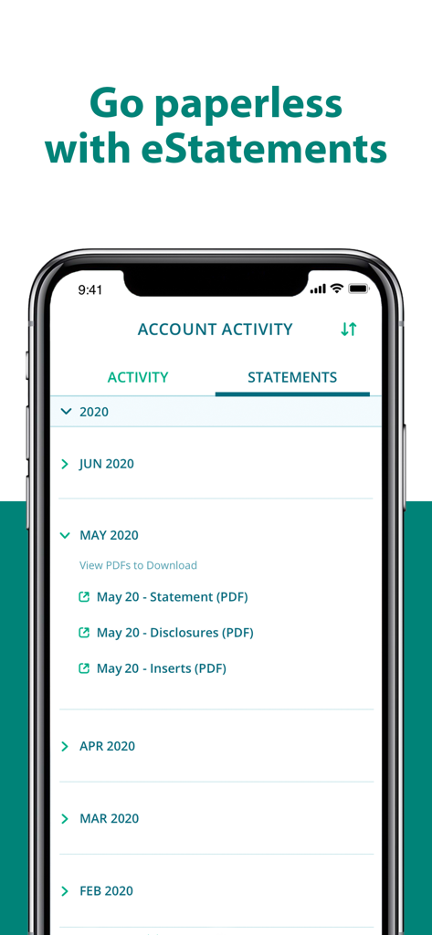 CareCredit Mobile - 月次アカウント明細とPDFダウンロードオプションを表示するCareCredit Mobileアプリ