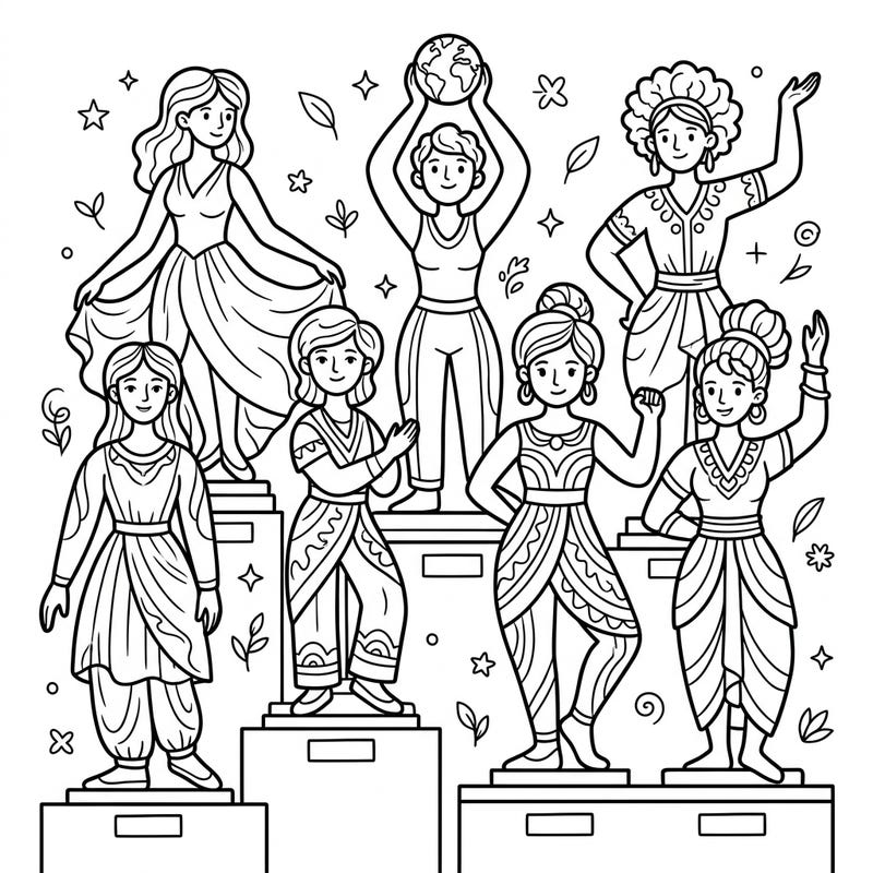 Dive into creativity with this captivating coloring page featuring a collection of humanoid sculptures. Kids will love bringing these diverse and beautifully posed figures to life with their favorite colors.