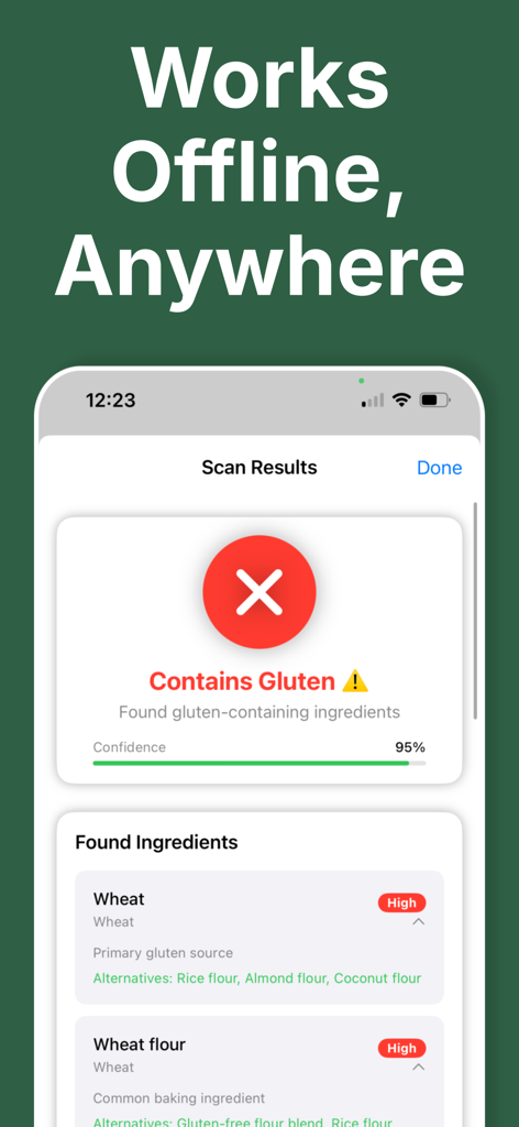 GF Scanner app screen showing a gluten detection warning with a list of found ingredients including wheat and wheat flour