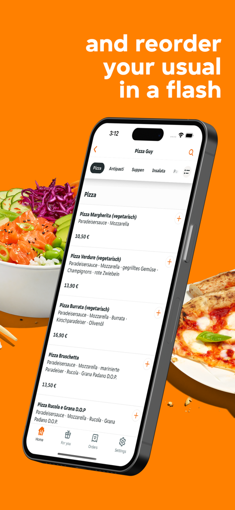 Lieferando App-Oberfläche mit einer Pizzarestaurant-Speisekarte und einer Schnelle-Nachbestellen-Funktion auf einem orangefarbenen Hintergrund