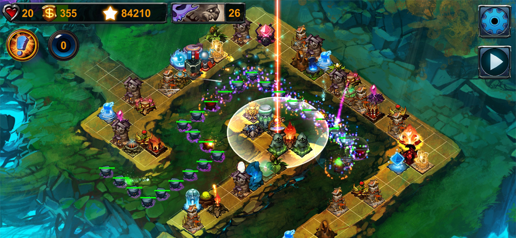 Gameplay of Element TD showing various elemental towers defending against waves of enemies