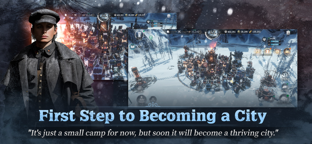 A steampunk survival city building game scene in a frozen environment