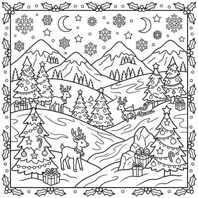 Immerse yourself in the holiday spirit with this enchanting Christmas foothills coloring page. Featuring playful reindeer, beautifully adorned trees, and snowy landscapes, it's a perfect activity to bring festive joy and creativity to your seasonal celebrations.