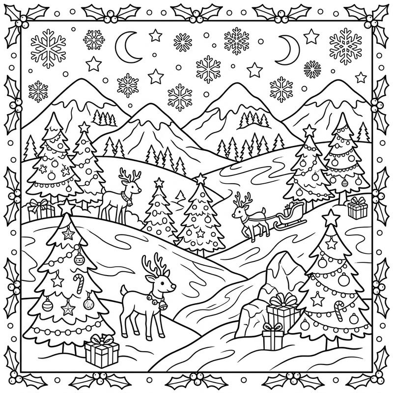 Immerse yourself in the holiday spirit with this enchanting Christmas foothills coloring page. Featuring playful reindeer, beautifully adorned trees, and snowy landscapes, it's a perfect activity to bring festive joy and creativity to your seasonal celebrations.
