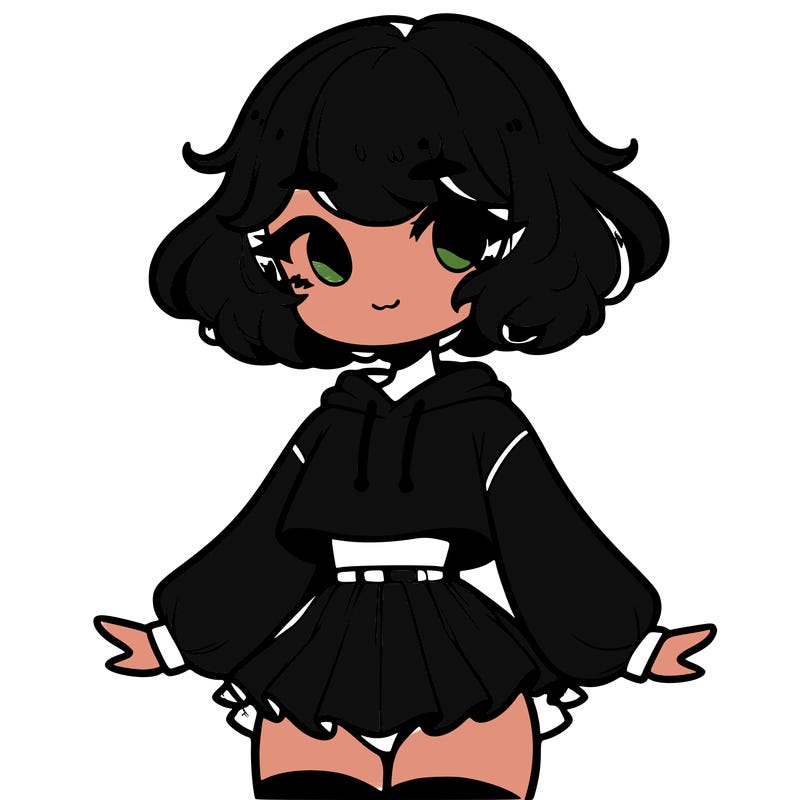 cute femboy with short, fluffy hair that softly frames their face, wearing a cropped hoodie, paired with a flouncy short skirt, and thigh-high stockings