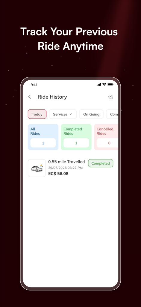 Ryde Dymond Driver - Ryde Dymond Driver 앱에 운행 세부 정보 및 수입 요약이 있는 운행 기록 화면 표시