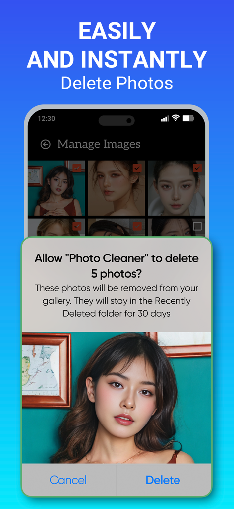 Photos Cleaner: Swipe & Delete - Diálogo de confirmación que muestra la opción de eliminar varias fotos seleccionadas en la galería de la aplicación