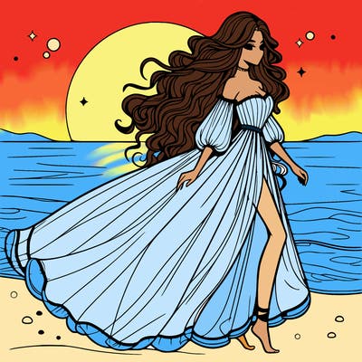 beautiful woman with a vaporous long dress walking on the beach at the noon, detailed art