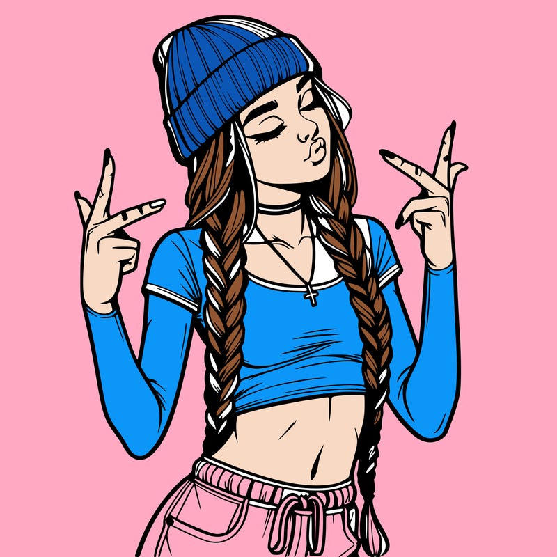 realistic teenage girl with braids and a beanie and crop top doing 🫶🏼