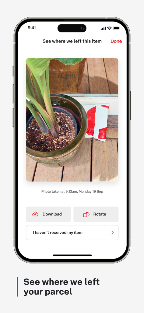 Australia Post - Screenshot of Australia Post app showing a photo of a delivered parcel as proof of delivery