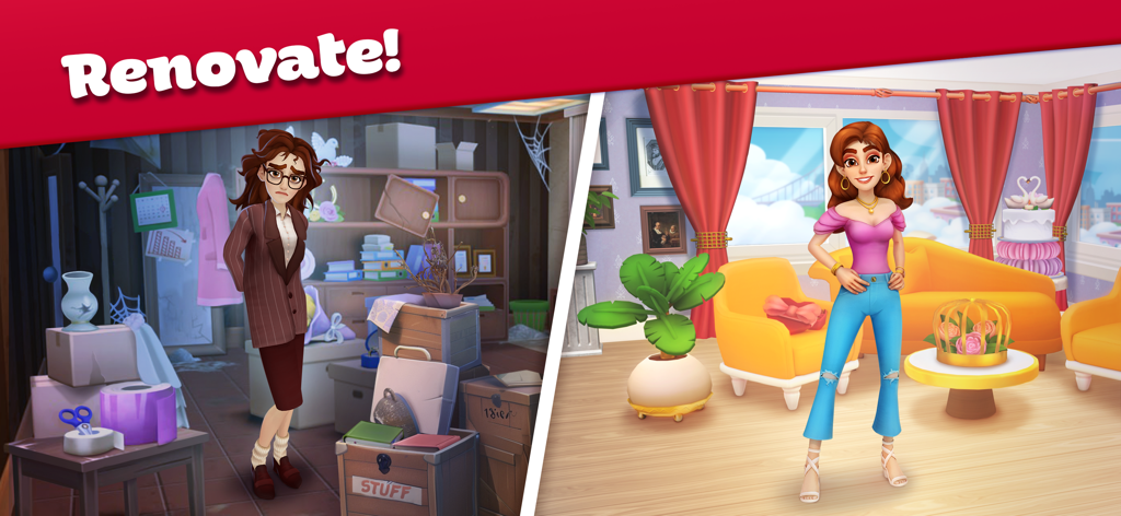 Cooking Stories: Fun cafe game - Before and after comparison of room renovation and character makeover